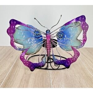 Metal Butterfly Candle Holder Stained Glass Wings Tealight Stand Decor Whimsical